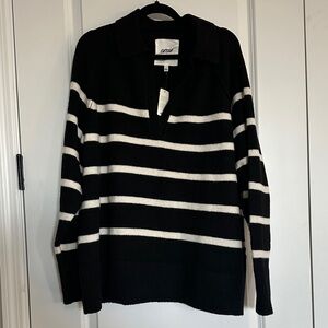 Aerie Collared V-Neck Black and Cream Striped Sweater NWT